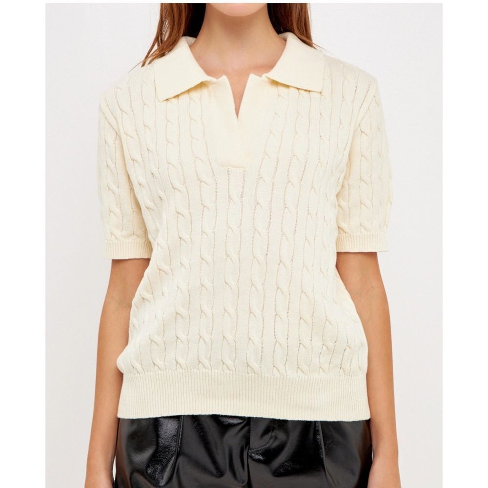 Grey Lab Cable Knit Polo Top